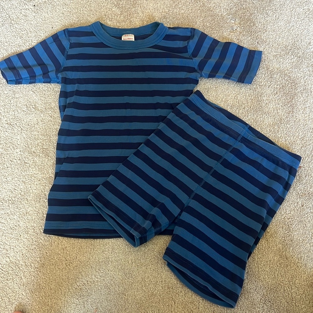 Hanna Anderson 140 cm US size 10 blue striped pajama top and shorts set.